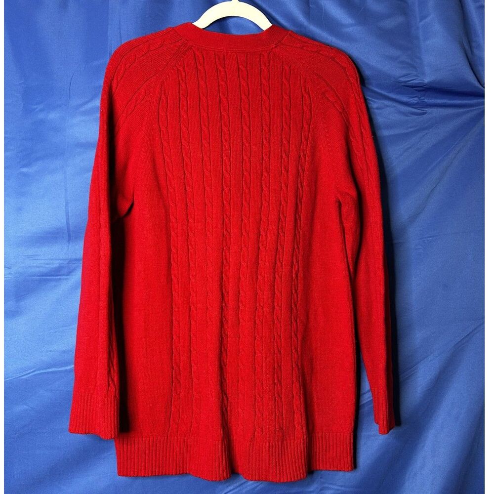 Lands End Womens Red Cable Knit Cardigan Sweater L Preppy Classic Academia Wool - Picture 12 of 12